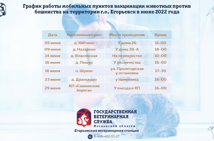 График работы выездных мобильных пунктов вакцинации животных против бешенства на территории г.о. Егорьевск в июне 2022 года